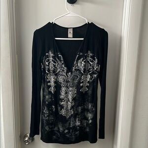 Sinful Black and silver Graphic rhinestone deep V neck Long Sleeve grunge core